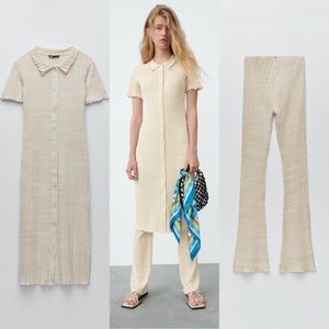 ZARA Rib Polo Dress & Flared Rib Pants Matching Set Small Beige